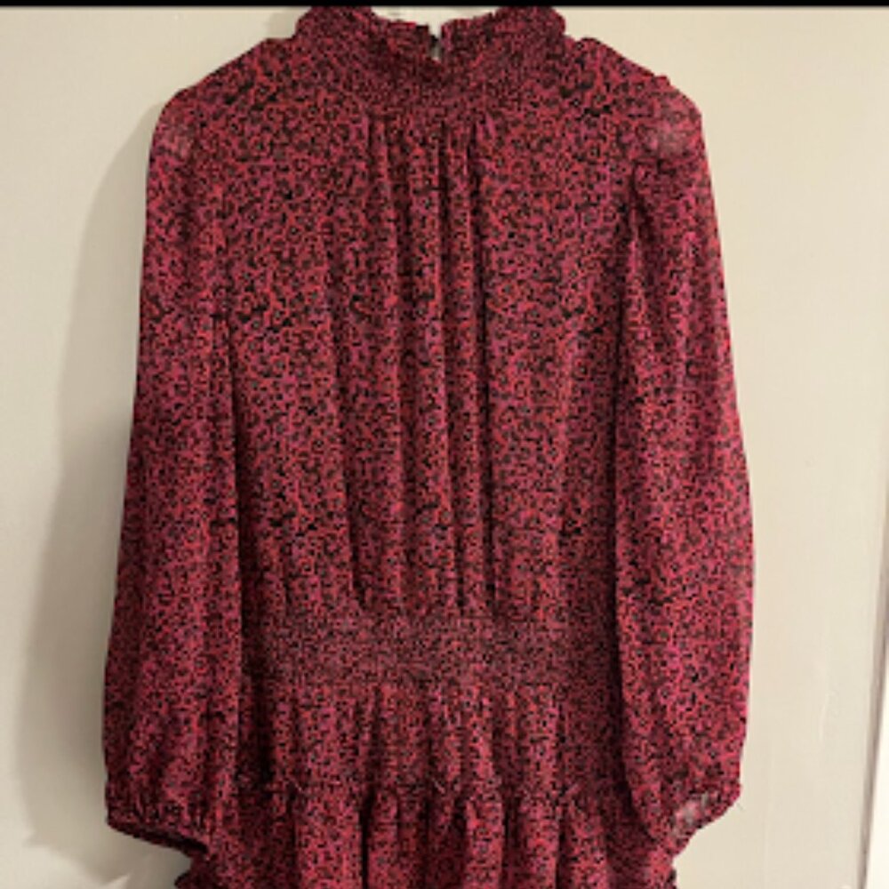 Mock neck, drop waist, floral dress